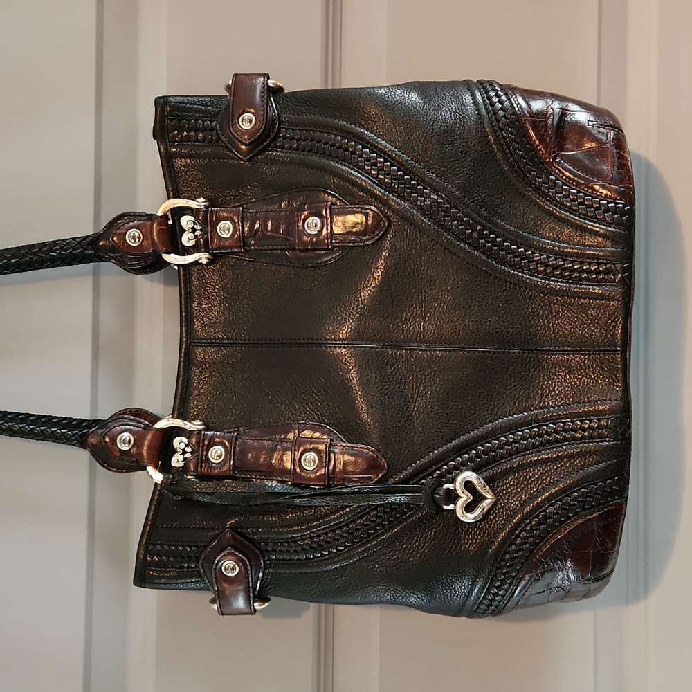 Brighton Black and Brown Braided Leather Shoulder Tote with box and bag